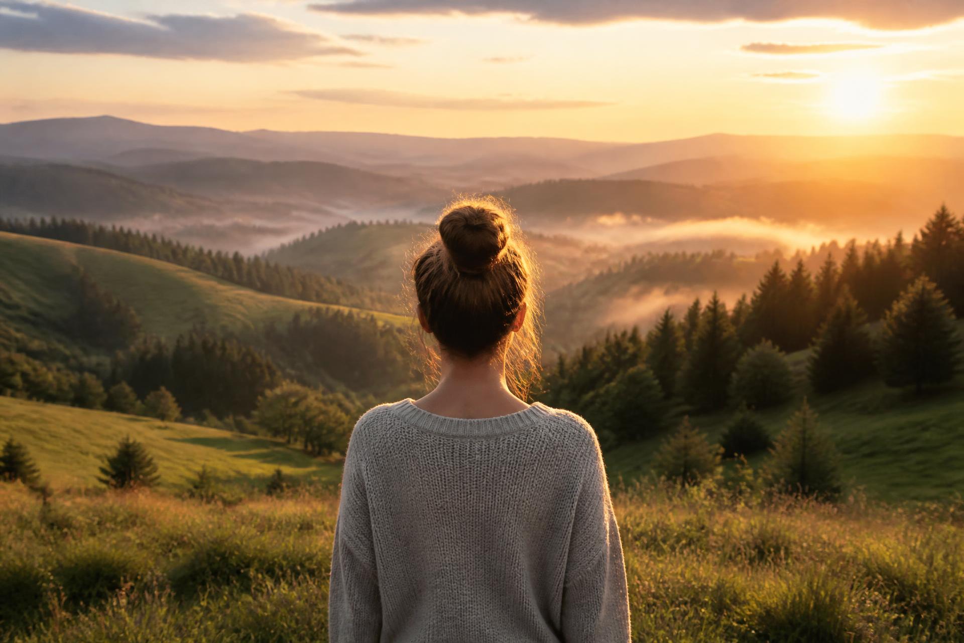 Vrouw op de rug gezien kijkt uit over een natuurgebied bij zonsopkomst
