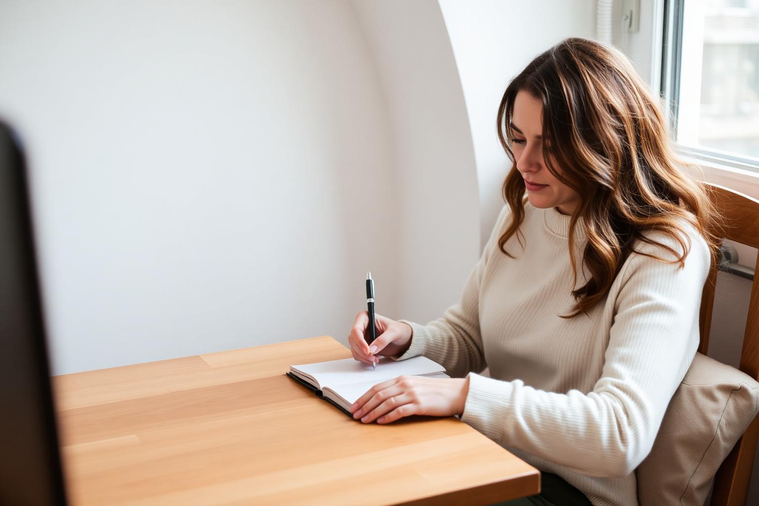 Vrouw aan een bureau schrijft in een notitieblok